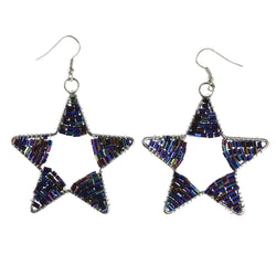 AB Finish Star Dangle-Earrings Bead Accents Purple & Silver-Tone