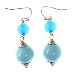 Blue & Silver-Tone Colored Metal Dangle-Earrings With Bead Accents #LQE4321