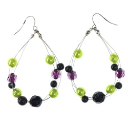 Purple & Green Colored Metal Dangle-Earrings With Bead Accents #LQE4340