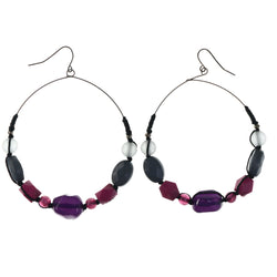 Purple & Gray Colored Metal Dangle-Earrings With Bead Accents #LQE4344