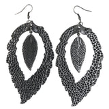 Textured Leaf Dangle-Earrings Silver-Tone & Black Colored #LQE4347