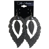 Textured Leaf Dangle-Earrings Silver-Tone & Black Colored #LQE4347