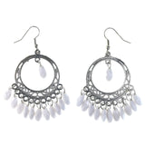 Silver-Tone & White Colored Metal Dangle-Earrings With Bead Accents #LQE4352