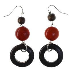 Brown & Red Colored Wooden Dangle-Earrings With Bead Accents #LQE4354