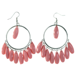 Pink & Silver-Tone Colored Metal Dangle-Earrings With Bead Accents #LQE4372