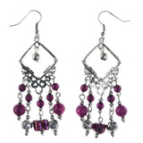 Rose Dangle-Earrings With Bead Accents Silver-Tone & Purple Colored #LQE4376