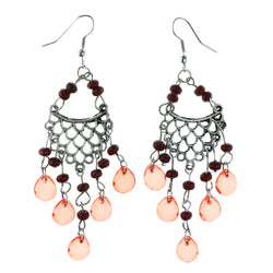 Red & Silver-Tone Colored Metal Dangle-Earrings With Bead Accents #LQE4377