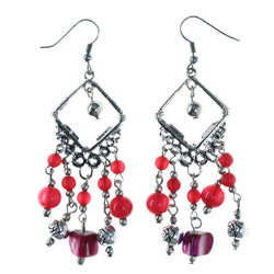 Rose Dangle-Earrings With Bead Accents Silver-Tone & Pink Colored #LQE4385