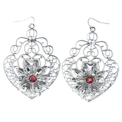 Filigree Flower Dangle-Earrings Crystal Accents Silver-Tone & Pink
