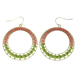 Pink & Green Colored Metal Dangle-Earrings With Bead Accents #LQE4414