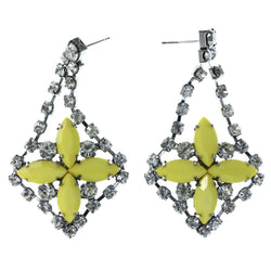 Flower Dangle-Earrings Crystal Accents Silver-Tone & Yellow #LQE4442