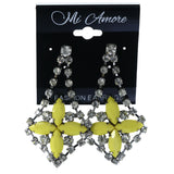 Flower Dangle-Earrings Crystal Accents Silver-Tone & Yellow #LQE4442