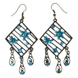 Flower Dangle-Earrings With Crystal Accents Gold-Tone & Blue Colored #LQE4446