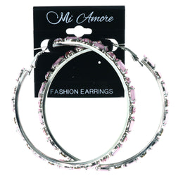 Pink & Silver-Tone Colored Metal Hoop-Earrings With Crystal Accents #LQE4461