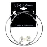 Silver-Tone & White Colored Metal Hoop-Earrings With Bead Accents #LQE4466