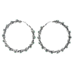 Silver-Tone & Green Colored Metal Hoop-Earrings With Bead Accents #LQE4480