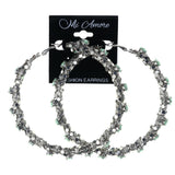 Silver-Tone & Green Colored Metal Hoop-Earrings With Bead Accents #LQE4480