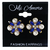 Flower Stud-Earrings With Crystal Accents Blue & White Colored #LQE4490
