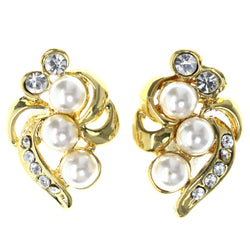 Flower Stud-Earrings With Bead Accents Gold-Tone & White Colored #LQE4494