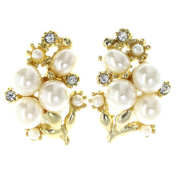 Flower Stud-Earrings With Bead Accents Gold-Tone & White Colored #LQE4495