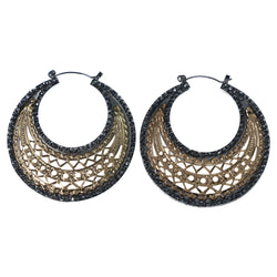 Gold-Tone & Black Colored Metal Hoop-Earrings With Crystal Accents #LQE4524
