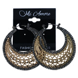 Gold-Tone & Black Colored Metal Hoop-Earrings With Crystal Accents #LQE4524