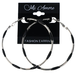 Silver-Tone & Black Colored Metal Hoop-Earrings #LQE4526