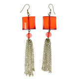 Faceted Antiqued Dangle-Earrings Tassel Accents Red & Gold-Tone