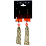 Faceted Antiqued Dangle-Earrings Tassel Accents Red & Gold-Tone