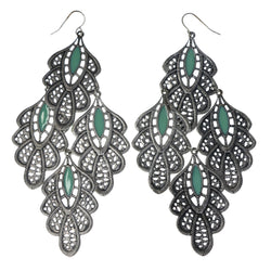 Leaf Dangle-Earrings Silver-Tone & Green Colored #LQE4543