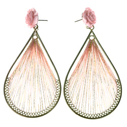 Rose String Art -Dangle-Earrings Bead Accents Pink & Gold-Tone