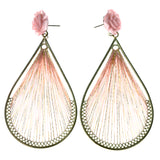 Rose String Art -Dangle-Earrings Bead Accents Pink & Gold-Tone