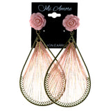 Rose String Art -Dangle-Earrings Bead Accents Pink & Gold-Tone