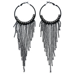 Black & Silver-Tone Colored Metal Hoop-Earrings With tassel Accents #LQE4568