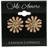 Pink & Gold-Tone Flower Metal Stud-Earrings With Crystal Accents