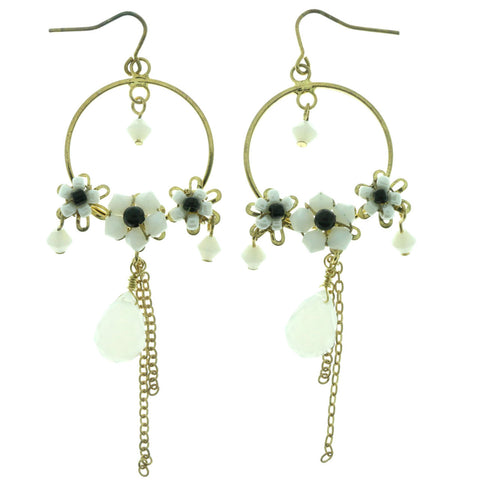 Gold-Tone & White Flower Metal Dangle-Earrings With Crystal Accents