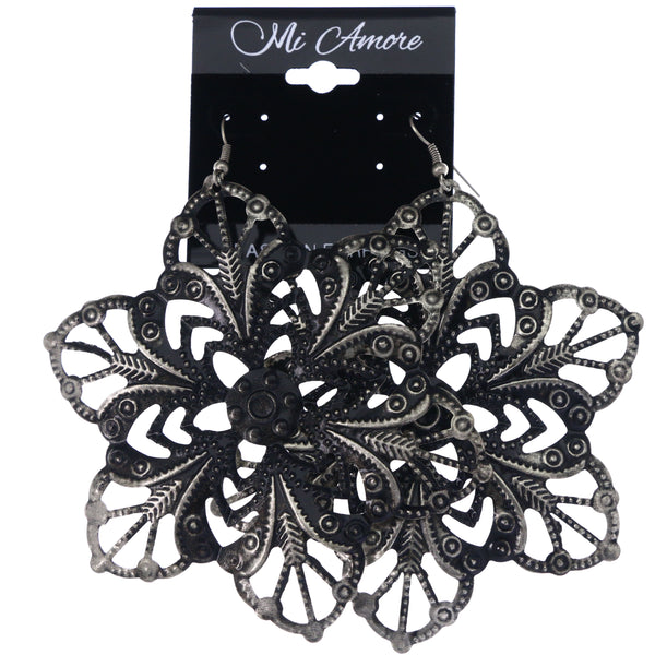 Mi Amore Antiqued Flower Dangle-Earrings Silver-Tone & Black