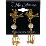 Mi Amore Antiqued Bird Cage,Bird Drop-Dangle-Earrings Gold-Tone & White