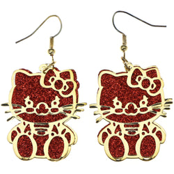 Mi Amore Glitter Sparkle,Kitty Bow Dangle-Earrings Red & Gold-Tone