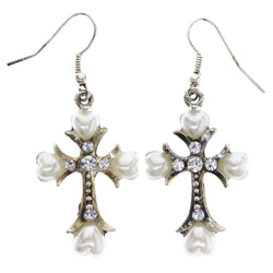 Mi Amore Antiqued Ornate Cross Dangle-Earrings Gold-Tone & White