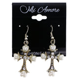 Mi Amore Antiqued Ornate Cross Dangle-Earrings Gold-Tone & White
