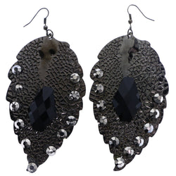 Mi Amore Faceted Textured Leaf Dangle-Earrings Silver-Tone & Black