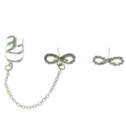 Silver-Tone Metal Stud-Earrings With Ear Cuff & Crystal Accents