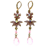 Mi Amore AB Finish Antiqued Flower Dangle-Earrings Pink & Gold-Tone