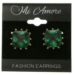 Gold-Tone & Green Colored Metal Stud-Earrings With Crystal Accents LQE658