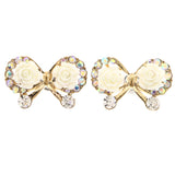 Mi Amore AB Finish Bow Rose Post-Earrings Gold-Tone & White