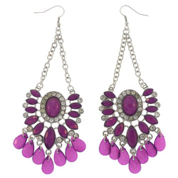 Silver-Tone Metal Dangle-Earrings With Purple Crystal Accents