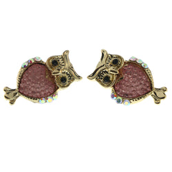 Pink & Gold-Tone Metal Owl Stud-Earrings With Crystal Accents