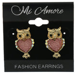Pink & Gold-Tone Metal Owl Stud-Earrings With Crystal Accents