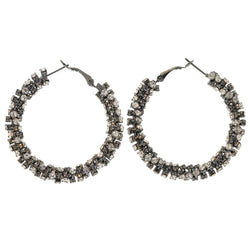 Silver-Tone & Black Metal Hoop-Earrings With Crystal Accents